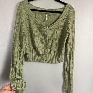 Free People Olive Green Cable Knit Button-Up Sweater